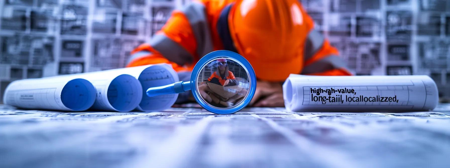 a construction worker analyzing a blueprint with a magnifying glass, surrounded by stacks of keywords labeled