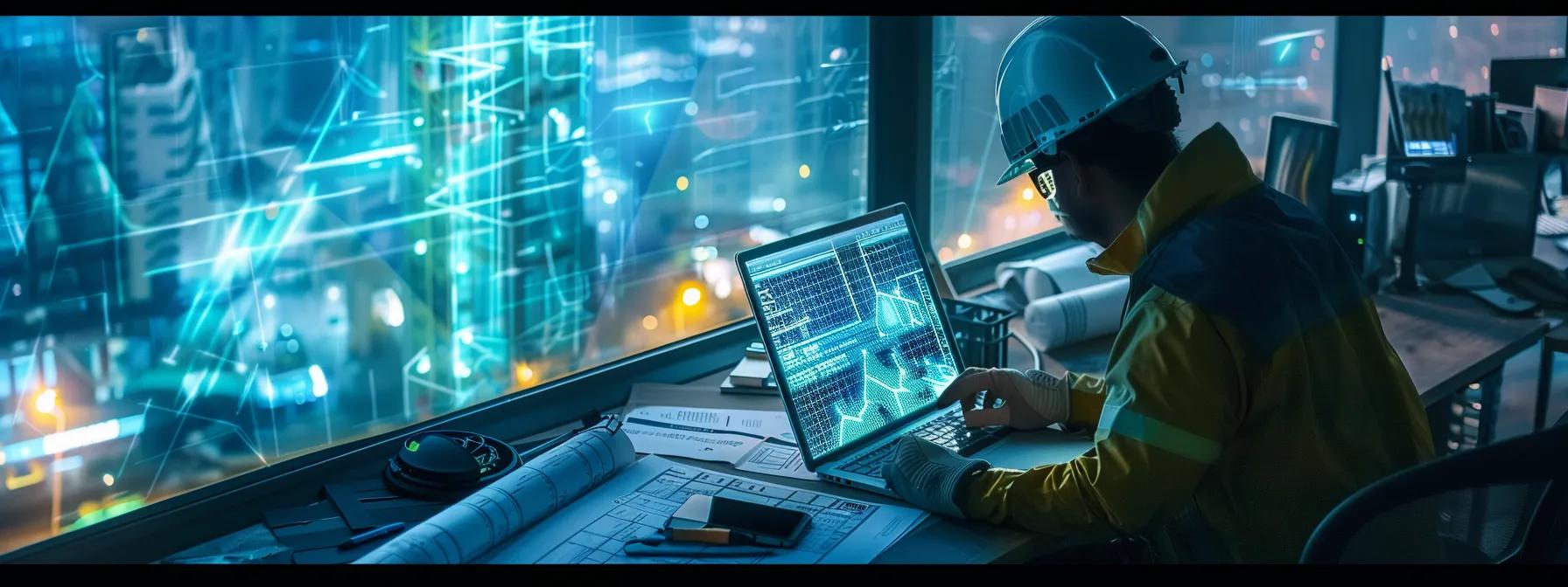 a construction worker examining a laptop screen showing a detailed seo report, surrounded by blueprints and building models, depicting the importance of seo in the construction industry.