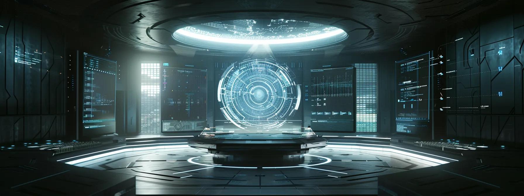 a futuristic digital marketing dashboard displaying analytics for construction consultants, with holographic graphs and data visualization tools.