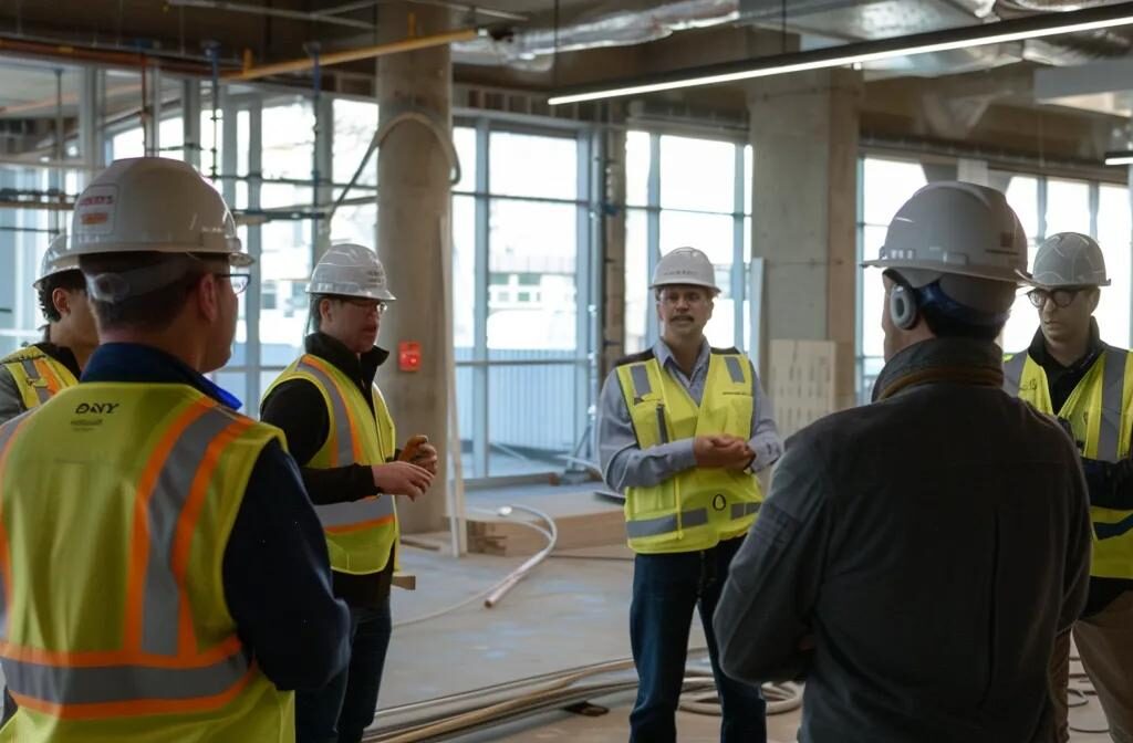 a group of construction workers discussing social media strategies in a modern office.