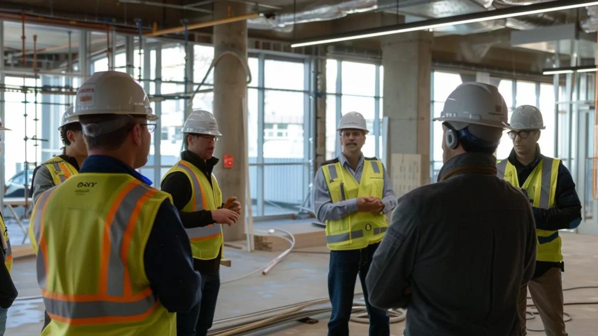 a group of construction workers discussing social media strategies in a modern office.