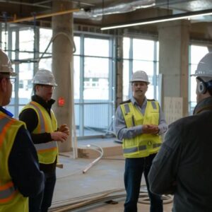 Group of construction professionals in safety gear discussing project details on-site, emphasizing teamwork and communication in the construction industry.