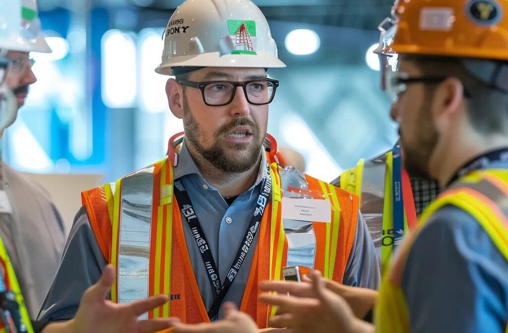 a group of construction professionals sharing insights at a conference, surrounded by industry publications and engaging in networking discussions to build thought leadership in the sector.