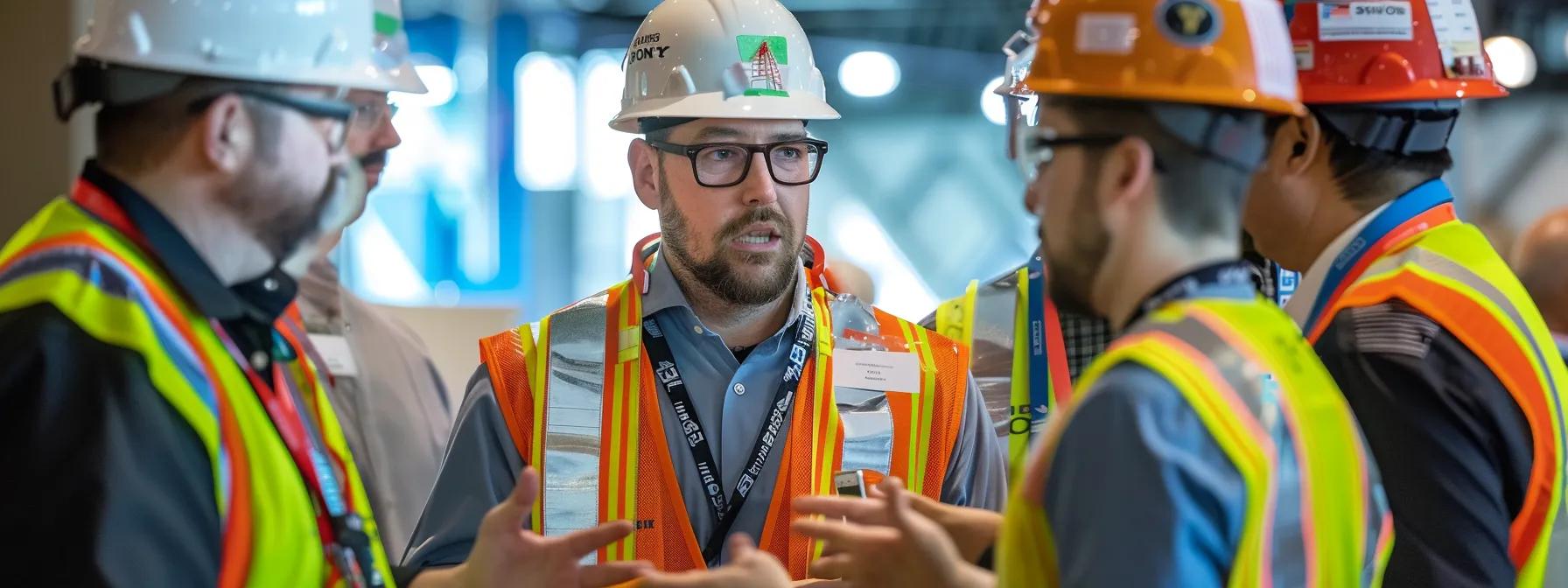 a group of construction professionals sharing insights at a conference, surrounded by industry publications and engaging in networking discussions to build thought leadership in the sector.