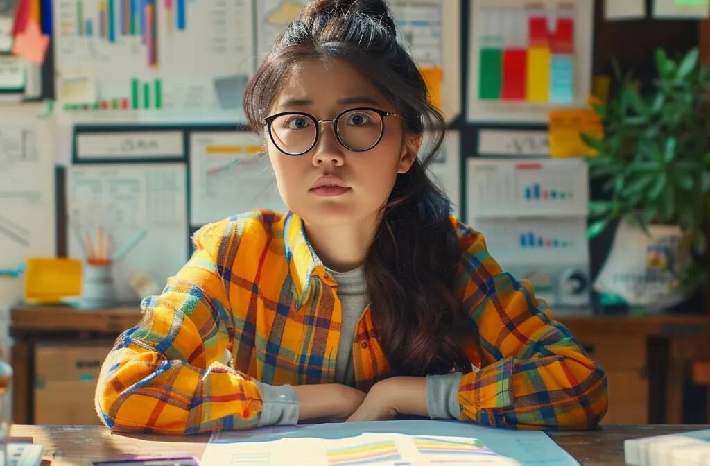 a woman sitting at a desk, surrounded by colorful charts and graphs, with a determined expression as she sets clear social media goals for her online presence.