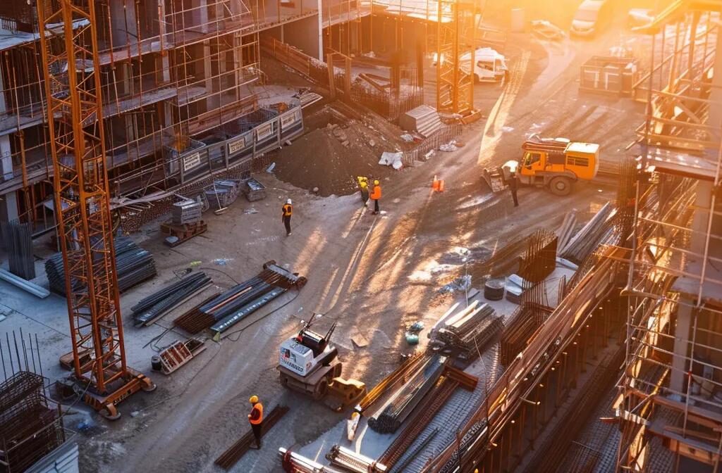 a bustling construction site with workers in hard hats, surrounded by email marketing analytics charts and graphs, showcasing the success of their campaign efforts.