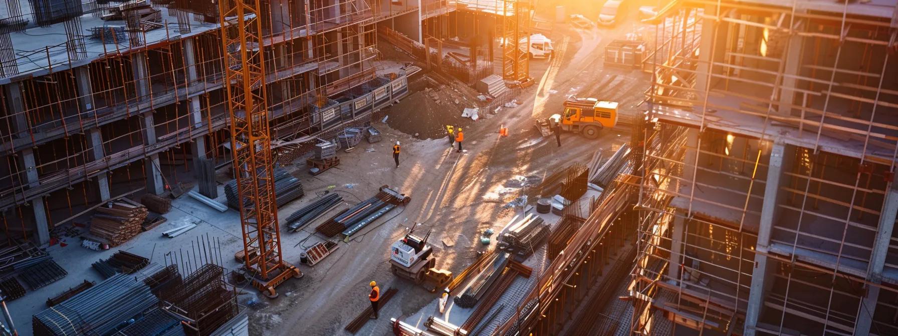 a bustling construction site with workers in hard hats, surrounded by email marketing analytics charts and graphs, showcasing the success of their campaign efforts.