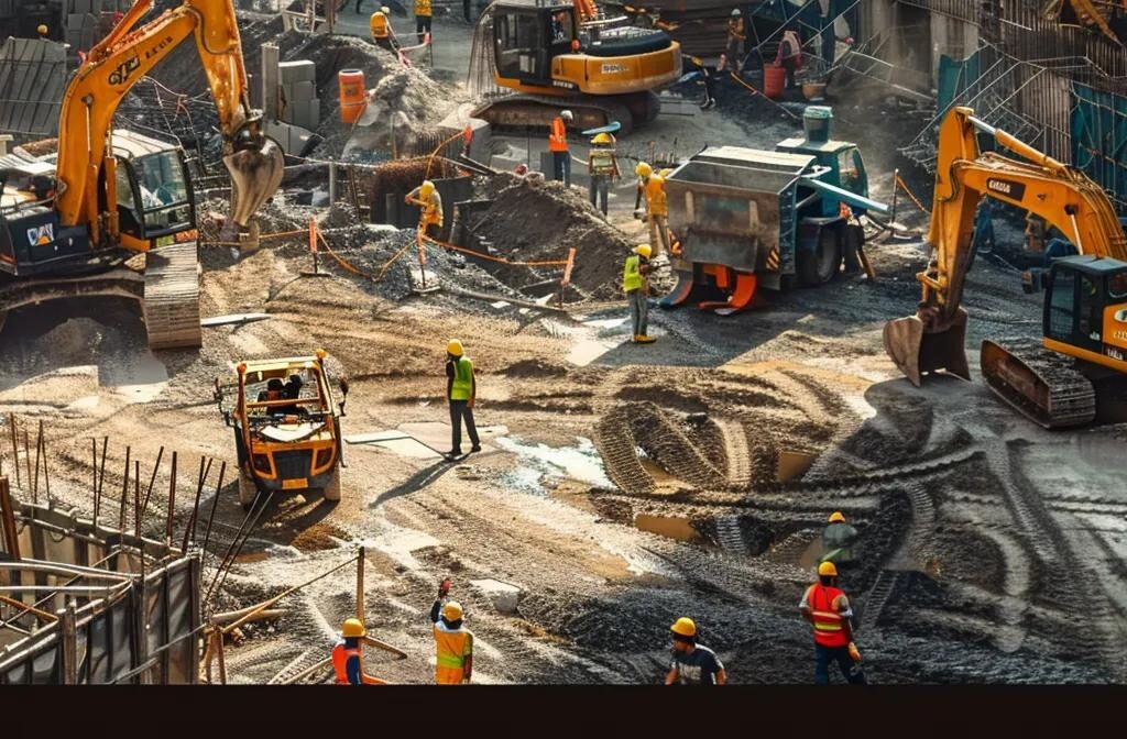 a bustling construction site with yellow excavators and workers in hardhats, dominating the google maps interface.
