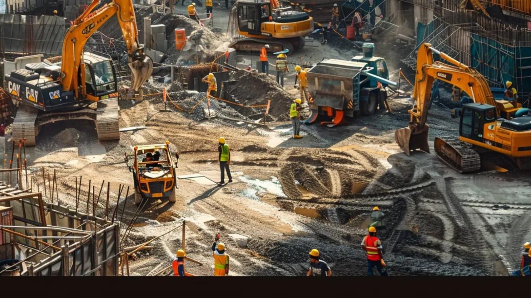 a bustling construction site with yellow excavators and workers in hardhats, dominating the google maps interface.