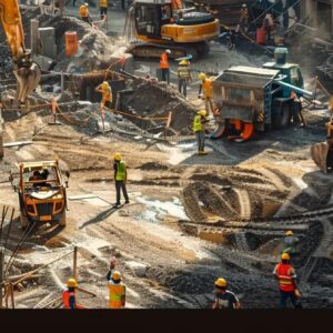 Bustling construction site with workers wearing safety gear, heavy machinery operating, and ongoing excavation, highlighting construction industry activity and project development.