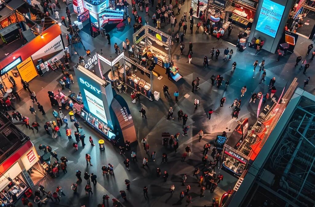 a bustling construction trade show floor filled with vibrant booths and engaging demonstrations.