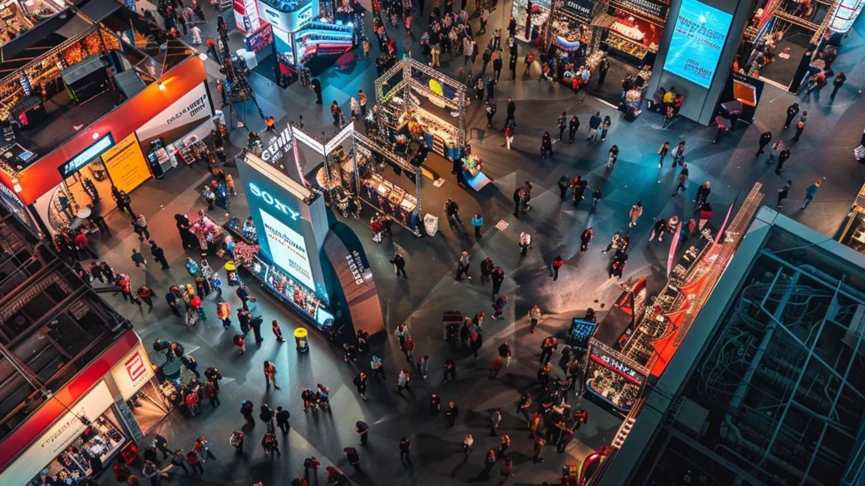 a bustling construction trade show floor filled with vibrant booths and engaging demonstrations.