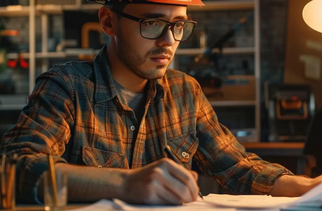 a construction business owner reviewing a logo designer's portfolio, comparing detailed construction-themed designs with their specific needs and style.