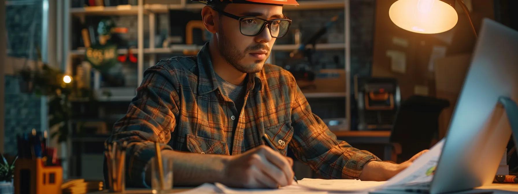 a construction business owner reviewing a logo designer's portfolio, comparing detailed construction-themed designs with their specific needs and style.