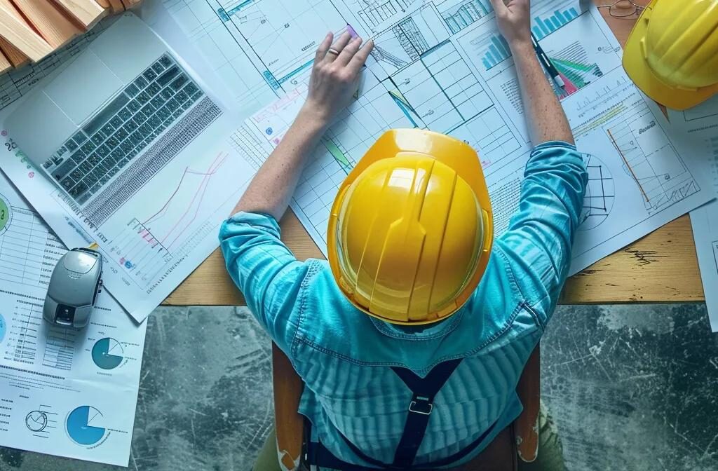 a construction company ceo examining a detailed client acquisition plan surrounded by marketing materials and analytics reports.