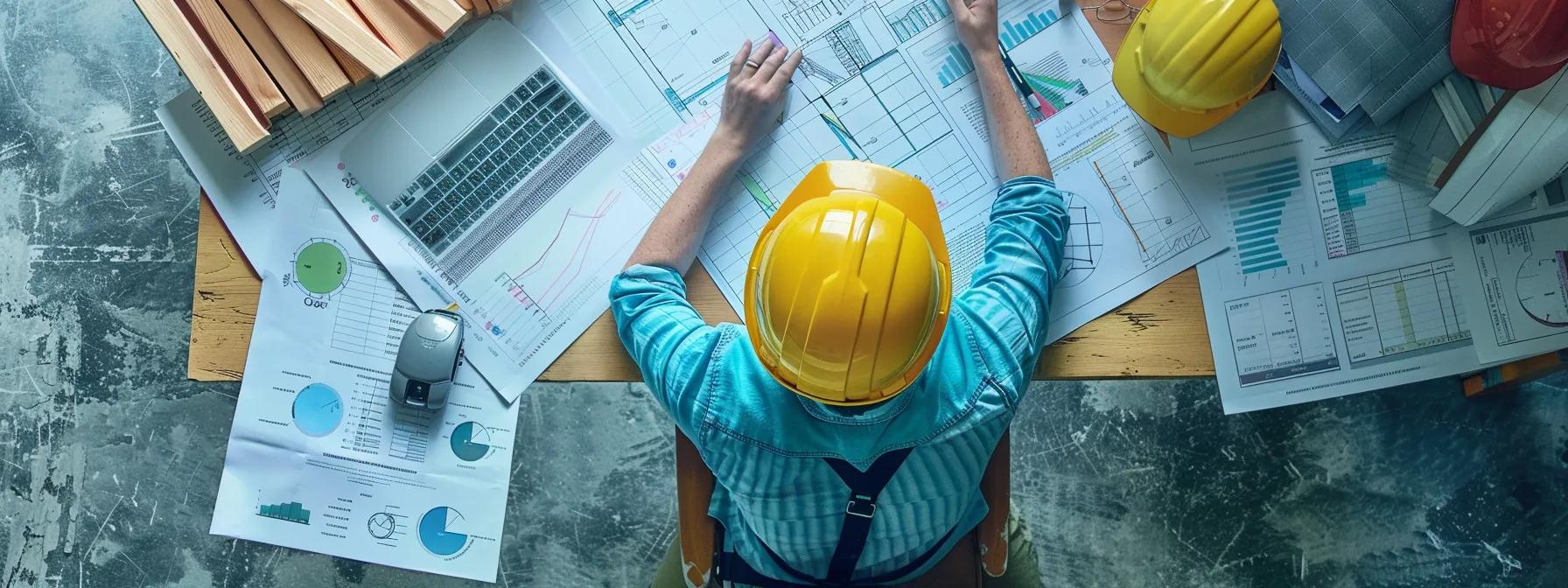 a construction company ceo examining a detailed client acquisition plan surrounded by marketing materials and analytics reports.