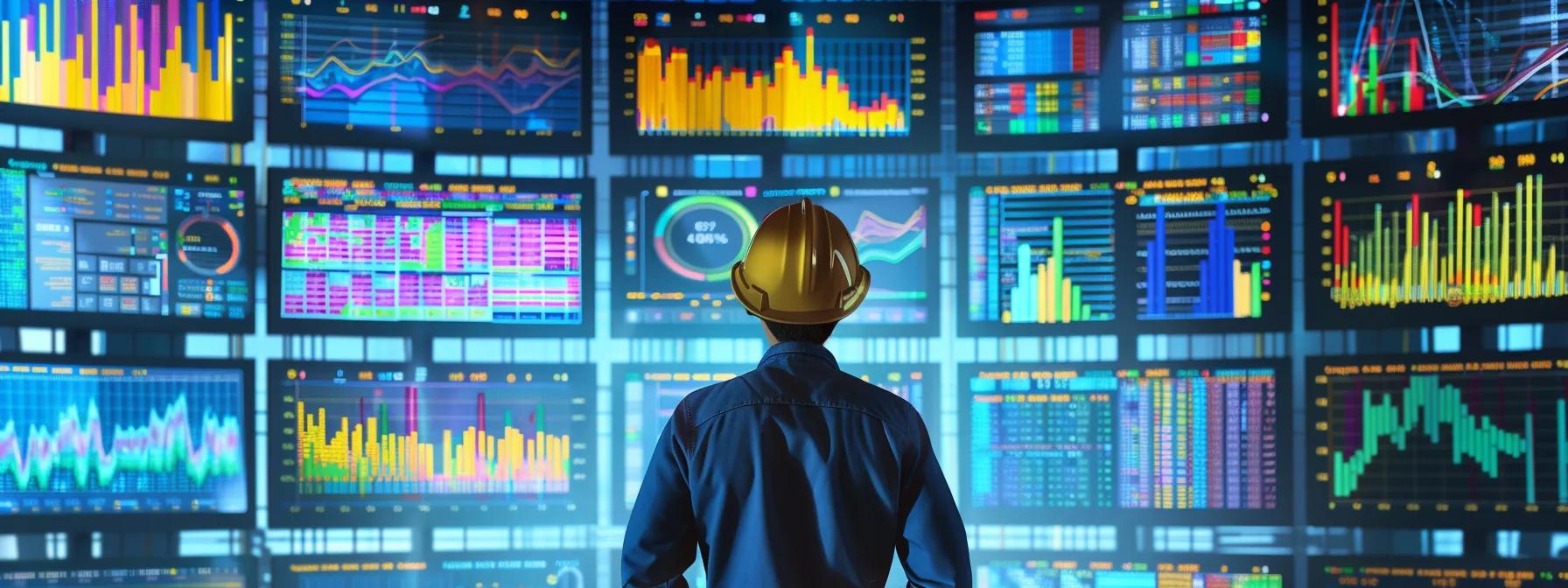 a construction company executive analyzing website traffic data on multiple screens, with colorful charts and graphs displaying key performance indicators (kpis).