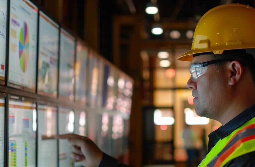 a construction company executive analyzing a digital dashboard filled with social media engagement metrics, surrounded by charts and graphs displaying audience feedback and interaction data.