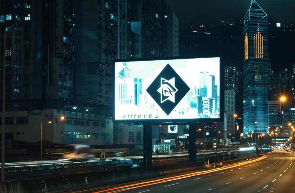 a construction company logo displayed prominently on a sleek digital billboard overlooking a bustling cityscape.