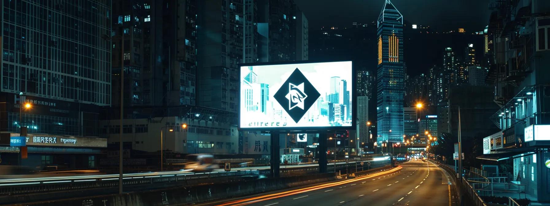 a construction company logo displayed prominently on a sleek digital billboard overlooking a bustling cityscape.