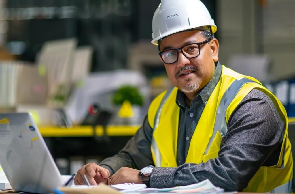 a construction company owner analyzing market research and strategizing a targeted client acquisition plan at a cluttered desk with charts, graphs, and a laptop.