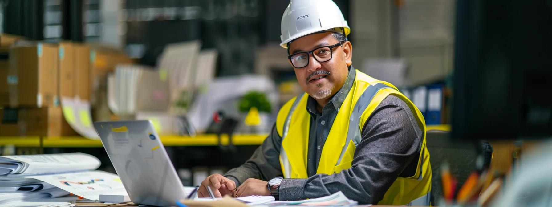 a construction company owner analyzing market research and strategizing a targeted client acquisition plan at a cluttered desk with charts, graphs, and a laptop.