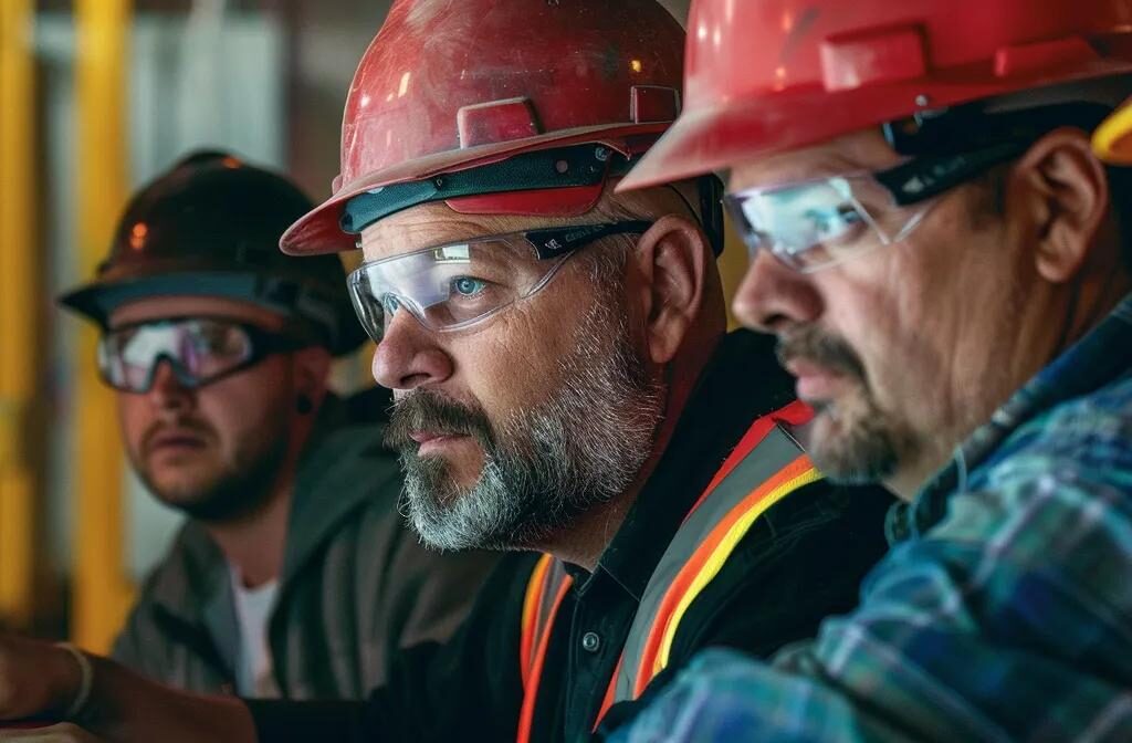 a construction company team huddled around a computer screen, analyzing seo analytics with focused expressions and determined faces.