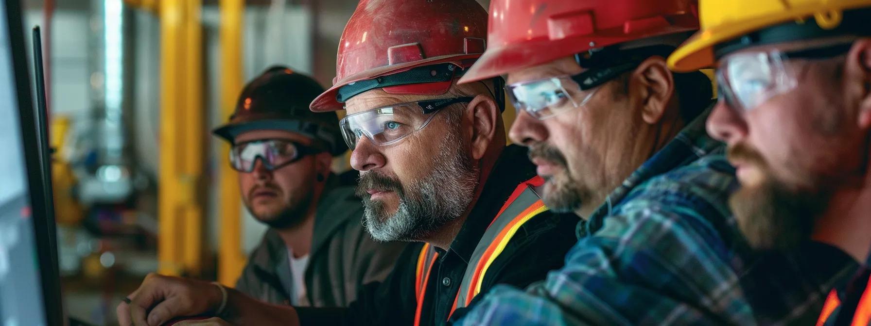 a construction company team huddled around a computer screen, analyzing seo analytics with focused expressions and determined faces.