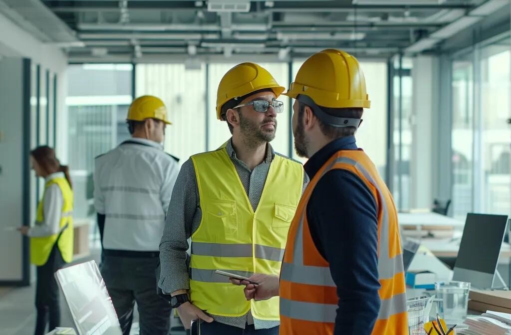 a construction firm discussing networking strategies with industry experts in a modern office setting.