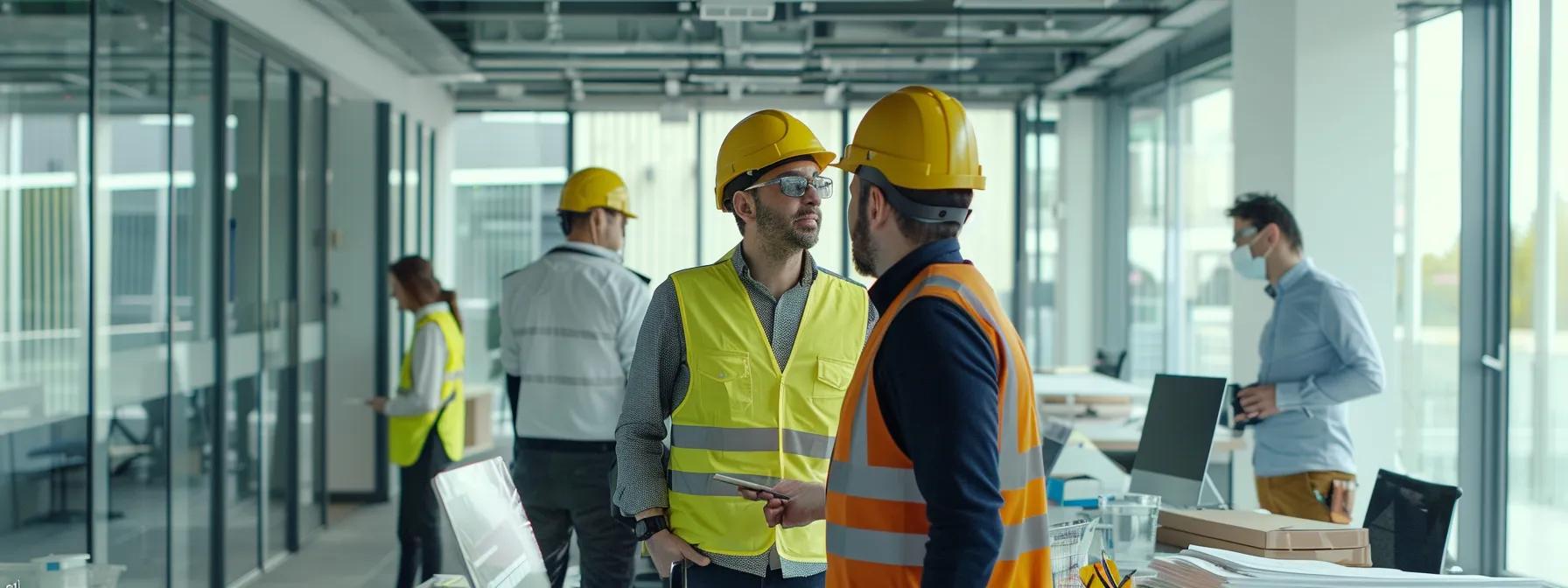 a construction firm discussing networking strategies with industry experts in a modern office setting.