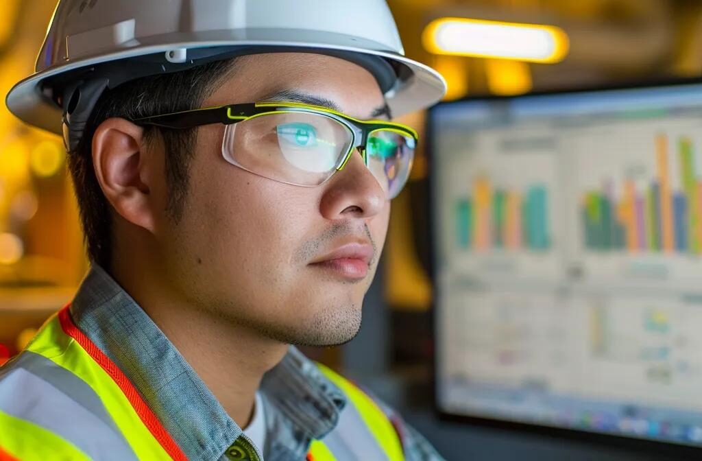 a construction firm employee studying a detailed chart of competitor keywords with a determined expression on their face.