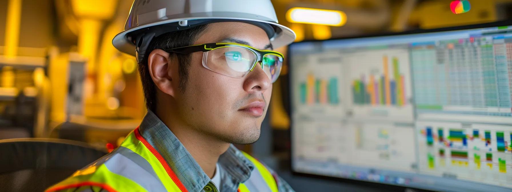 a construction firm employee studying a detailed chart of competitor keywords with a determined expression on their face.