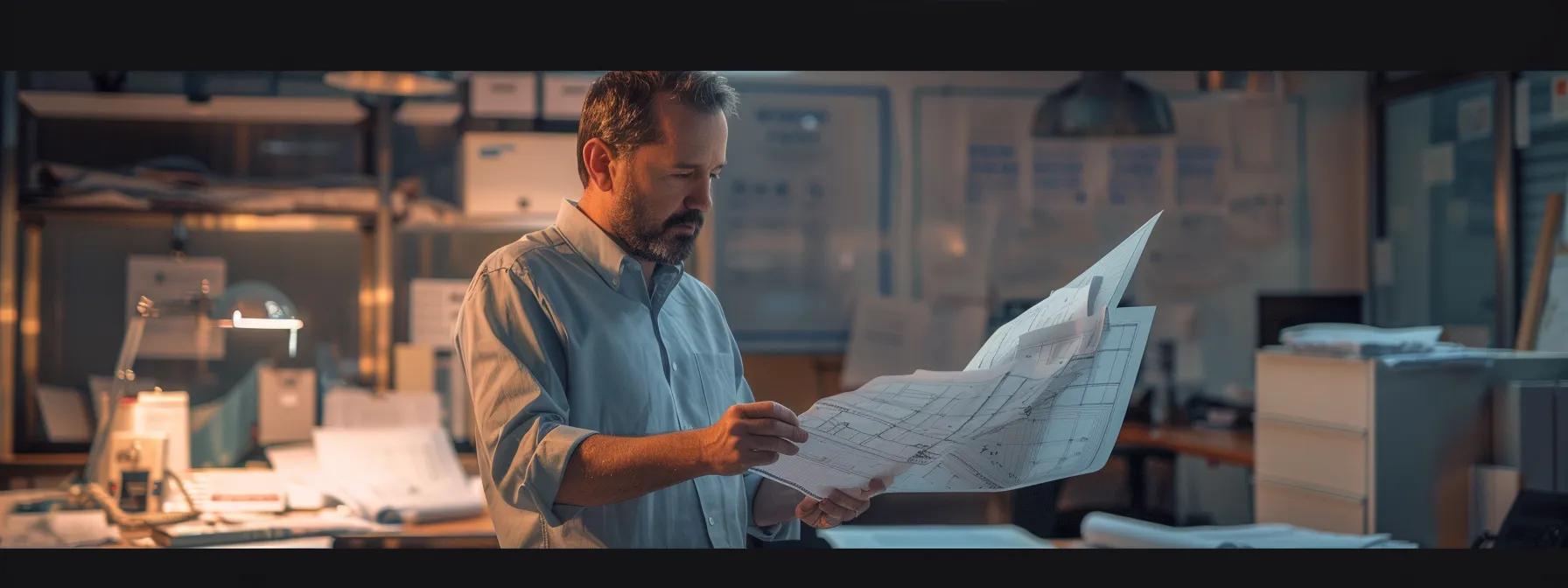 a construction firm studying blueprints and charts while analyzing competitors to strengthen their brand positioning.