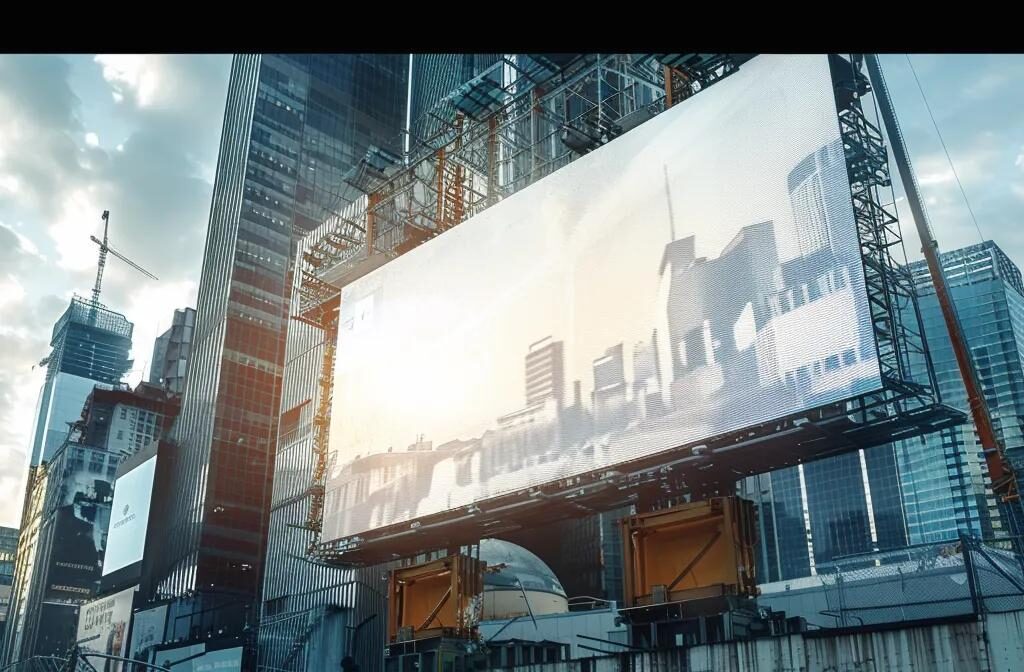 a construction firm's logo prominently displayed on a sleek billboard against a backdrop of various generic construction sites.