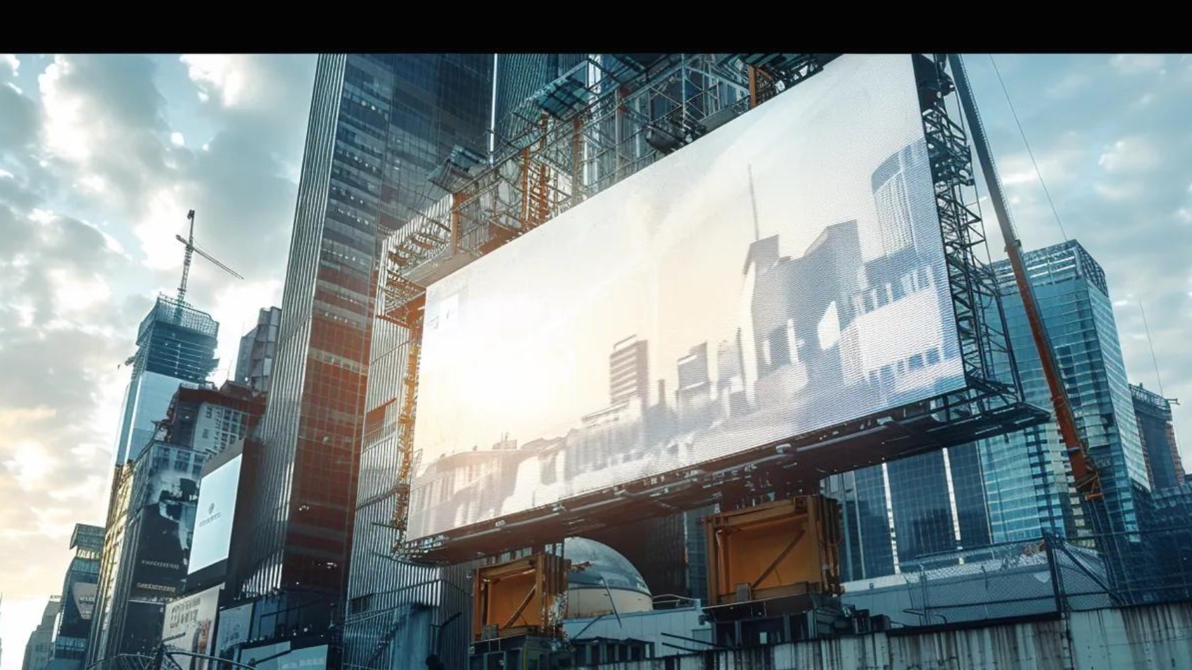 a construction firm's logo prominently displayed on a sleek billboard against a backdrop of various generic construction sites.