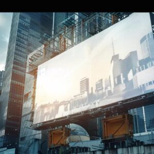 Construction industry billboard showcasing urban skyline, emphasizing branding and market positioning for construction firms.