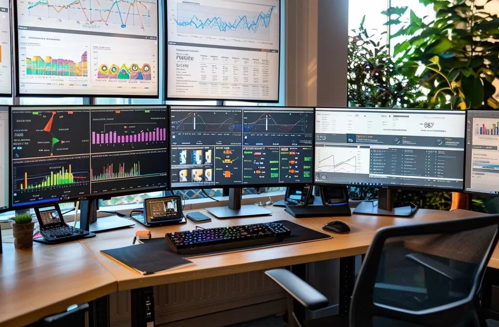 a construction firm's office desk with multiple screens displaying colorful data visualizations, showcasing tools for tracking user engagement and interaction to analyze consumer behavior.