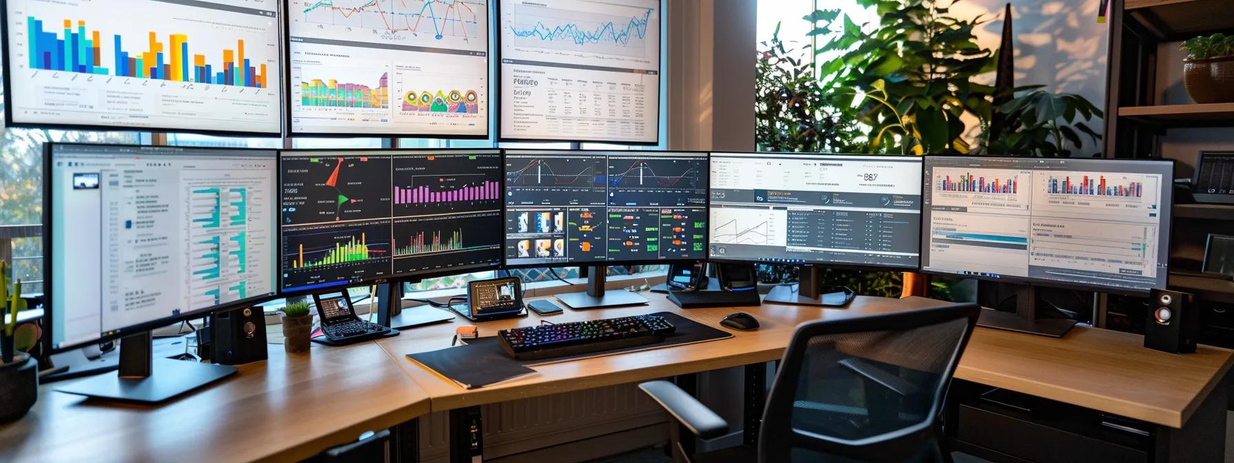 a construction firm's office desk with multiple screens displaying colorful data visualizations, showcasing tools for tracking user engagement and interaction to analyze consumer behavior.