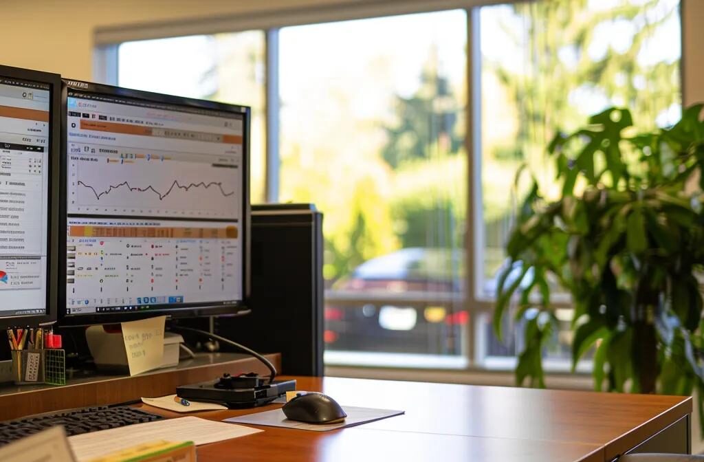 a construction firm's office desk with a computer screen displaying a detailed email marketing automation dashboard, showing scheduled drip campaigns and newsletters for potential clients.