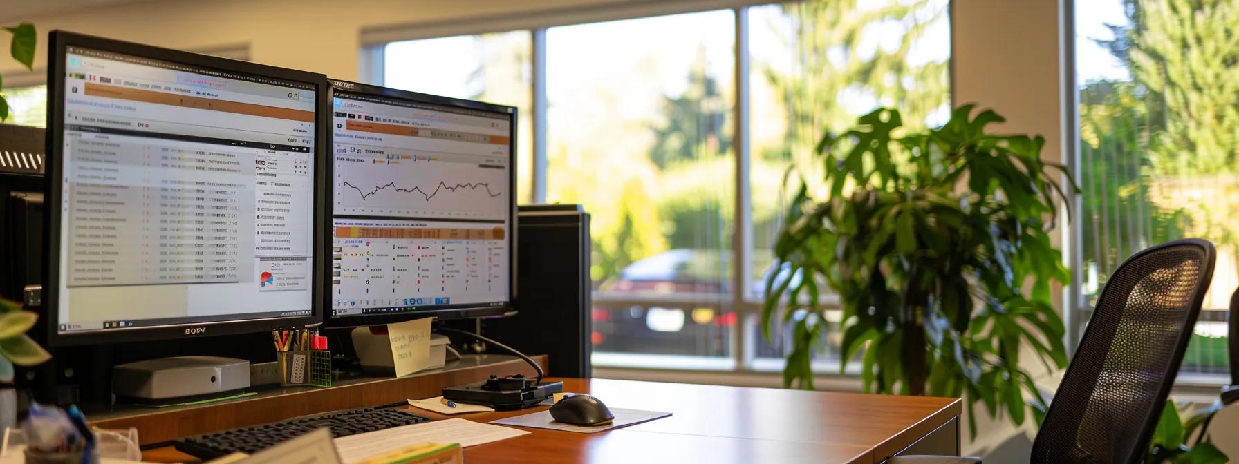 a construction firm's office desk with a computer screen displaying a detailed email marketing automation dashboard, showing scheduled drip campaigns and newsletters for potential clients.