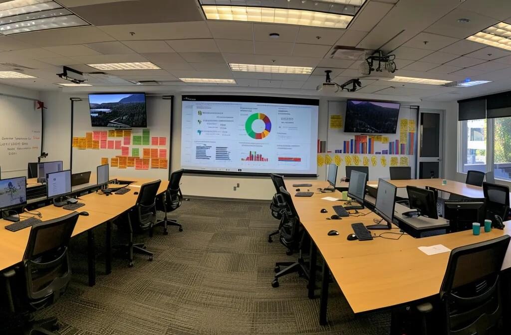 a construction firm's sleek modern office space adorned with vibrant social media engagement metrics on screens, a whiteboard displaying client needs and preferences, and a staff meeting discussing seo strategies for improved online visibility.