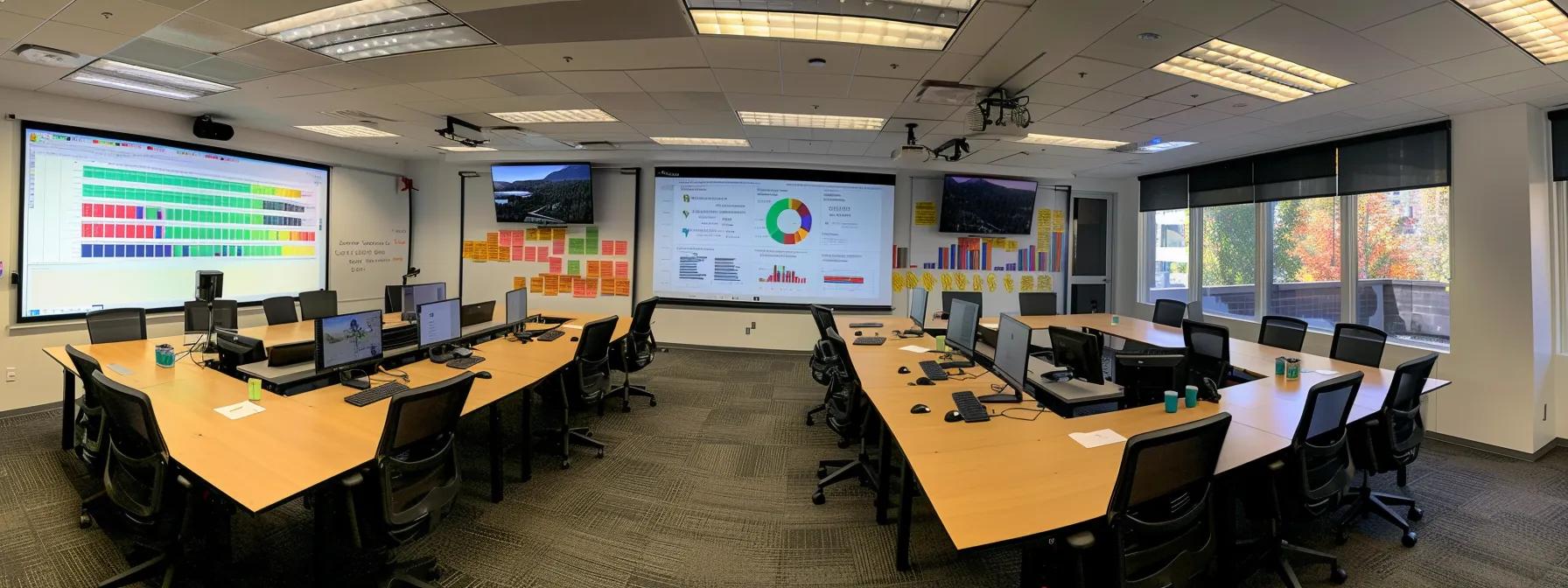 a construction firm's sleek modern office space adorned with vibrant social media engagement metrics on screens, a whiteboard displaying client needs and preferences, and a staff meeting discussing seo strategies for improved online visibility.