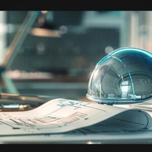 Construction helmet on architectural blueprints, symbolizing branding and identity in the construction industry.