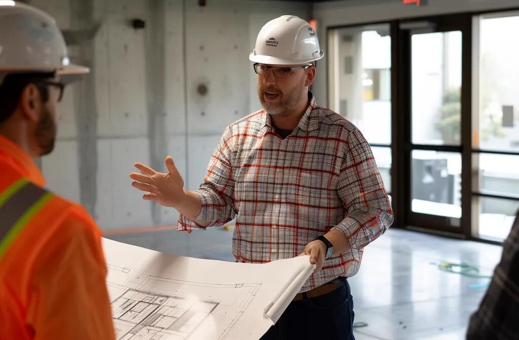 a construction marketing professional confidently presenting a blueprint to a group of interested potential clients at a sleek modern office.