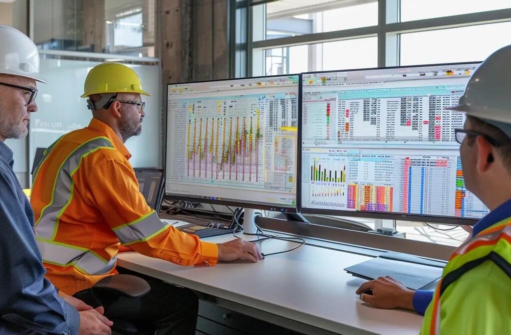 a construction marketing team analyzing data on computer screens in a bright, modern office setting, showcasing a collaborative approach to continuous improvement.