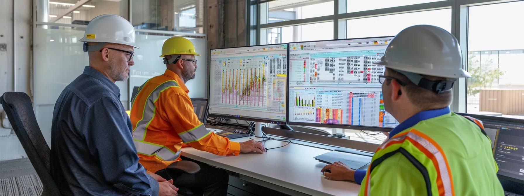 a construction marketing team analyzing data on computer screens in a bright, modern office setting, showcasing a collaborative approach to continuous improvement.