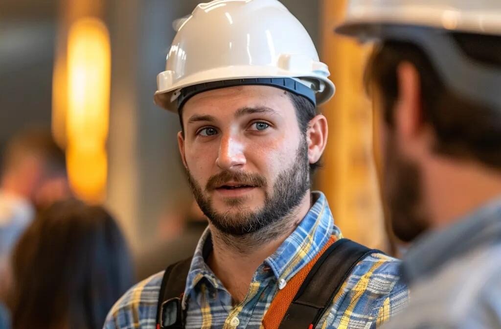 a construction professional engaging in a focused, industry-specific networking event, making meaningful connections with potential clients and peers.