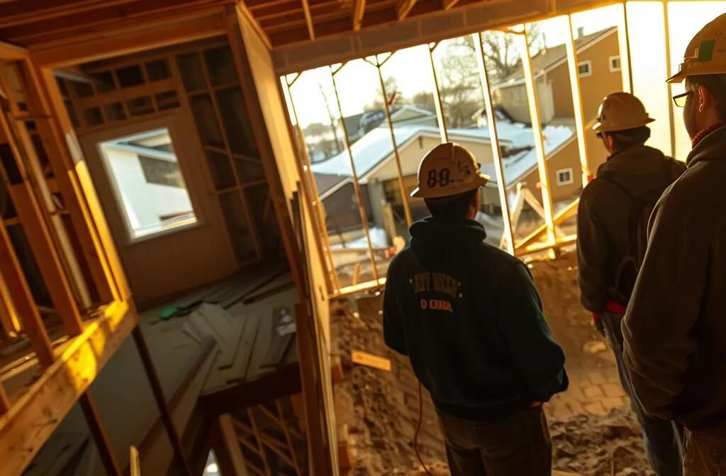 a construction professional mentor guiding a group of aspiring contractors on a construction site, demonstrating the pay it forward concept in action.