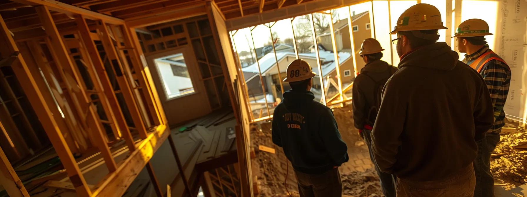 a construction professional mentor guiding a group of aspiring contractors on a construction site, demonstrating the pay it forward concept in action.