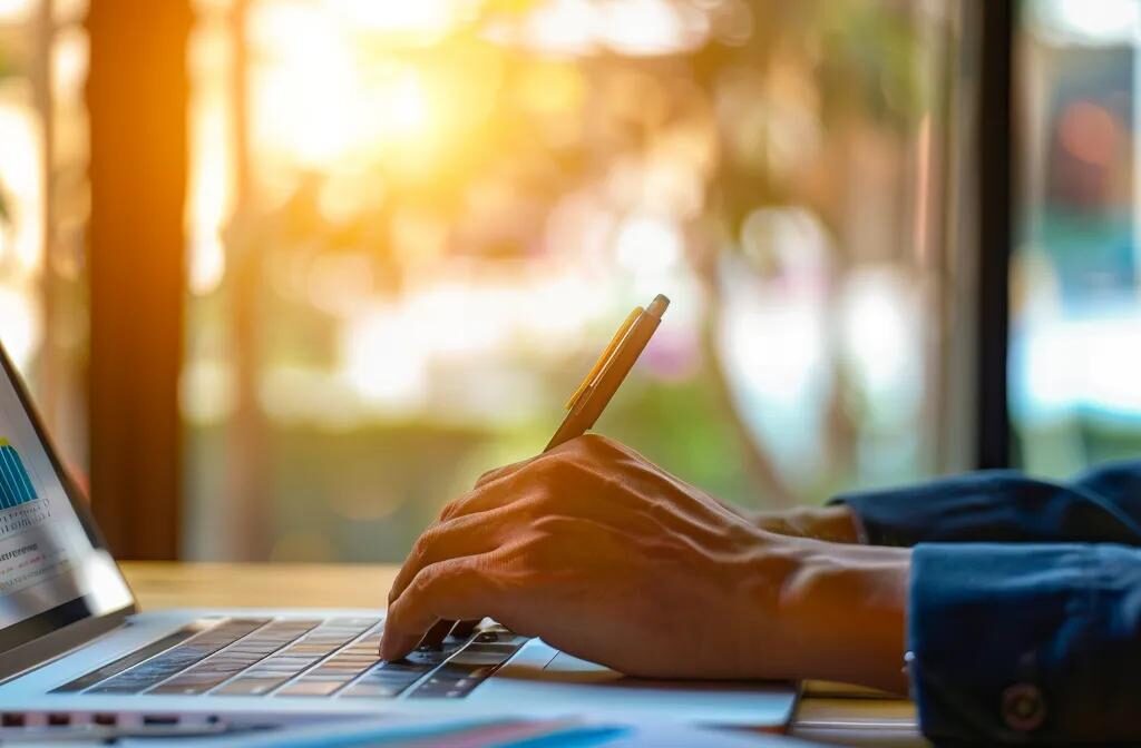 a construction site manager closely analyzing a detailed digital marketing analytics report on a laptop.